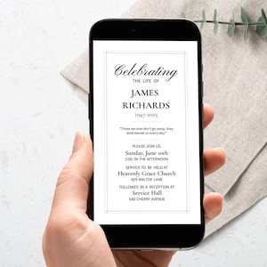 May include: A smartphone displaying a digital funeral invitation for James Richards, 1947-2025. The white invitation features black text with details for a service at Heavenly Grace Church on Sunday, June 10th at 2:00 PM, followed by a reception at Service Hall.