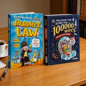 May include: Two hardcover books on a wooden surface. The book on the left is titled "Murphy's Law" with a cartoon illustration. The book on the right is titled "Building the Ultimate Brain 100000 Whys" with a colorful illustration.
