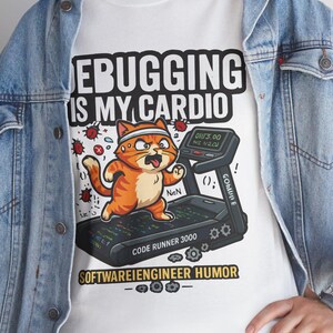 T-shirt cardio de débogage | Chat sur tapis roulant, ingénieur logiciel, humour