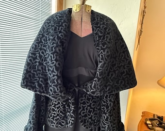 Shawl Jacket by Norma Kamali, Black Velvet Burnt Swirl Pattern Peplum