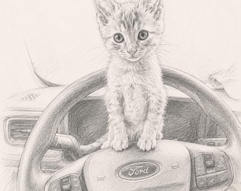 May include: A graphite pencil drawing of a small kitten standing on the steering wheel of a vehicle. The steering wheel features a Ford logo in the center, along with various control buttons and the word Airbag printed on the lower section.