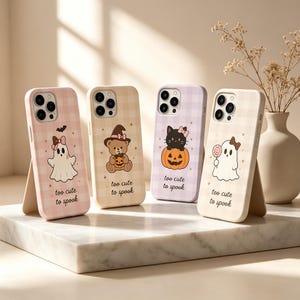 Cute Halloween Phone Case, Kawaii Ghost iPhone Case, Pastel Plaid Spooky Cute Cover, Black Cat Pumpkin Case