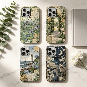 May include: Four smartphone cases featuring distinct artistic designs: a heron in a pond, a stone garden path with roses, a coastal lighthouse scene with hydrangeas, and a nocturnal owl perched on a branch under a crescent moon and stars.