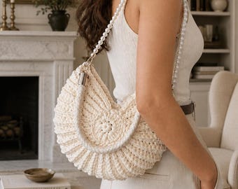 Bolso de ganchillo con perlas y conchas, bolso de hombro tejido para verano.