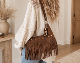 Bolso de hombro estilo boho con flecos, bolso estilo western de gamuza sintética, bolso cruzado para mujer.