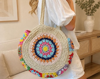 Bolso de mano redondo de ganchillo, bolso de hombro estilo boho colorido, ideal para la playa en verano.