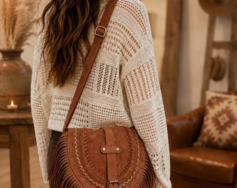 Bolso bandolera estilo boho con flecos, bolso de hombro estilo western de gamuza sintética, bolso festivalero con borla marrón