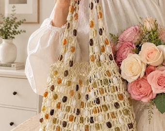 Macrame Beaded Tote, Boho Crochet Net, Summer Beach Vacation Market Bag