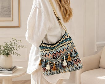 Bolso de hombro estilo boho, bolso con borlas y estampado azteca, bolso cruzado tejido para mujer.