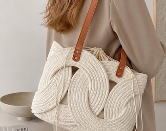 Bolso tote de cordón tejido, bolso de hombro estilo boho con forro de cordón ajustable, bolso de viaje de verano.
