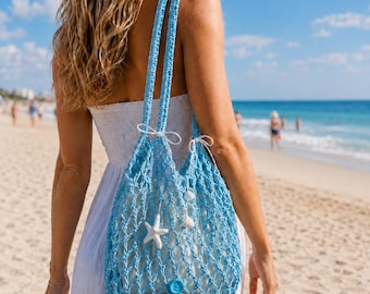 Bolso de playa azul de ganchillo con forro extraíble, bolso de mano de verano con diseño de conchas marinas.