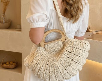 Boho Macrame Handbag, Crochet Wooden Handle, Summer Beach Tote Bag