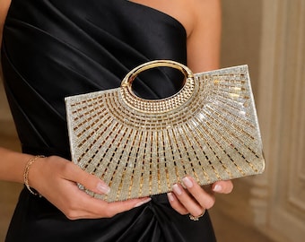 Rhinestone Evening Clutch Bag, Crystal Wedding Purse, Gold Silver Prom Handbag Chain Strap