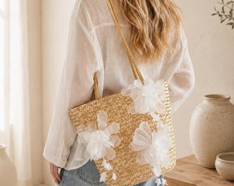 Custom Straw Tote Bag with Floral Appliqué | Boho Woven Beach Bag (Zipper Closure)