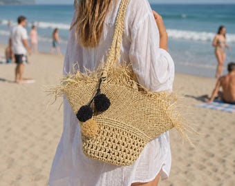 Bolso de playa de paja tejida con borlas, bolso de hombro grande estilo bohemio para vacaciones.