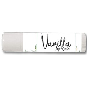 May include: A white tube of lip balm with a green and white floral design and the text "Vanilla Lip Balm".