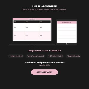 May include: A digital Freelancer Budget & Income Tracker template featuring a Google Sheets interface and a printable PDF Income Tracker. Text includes USE IT ANYWHERE, Google Sheets, Excel, Fillable PDF, and GET YOURS TODAY on a dark background.