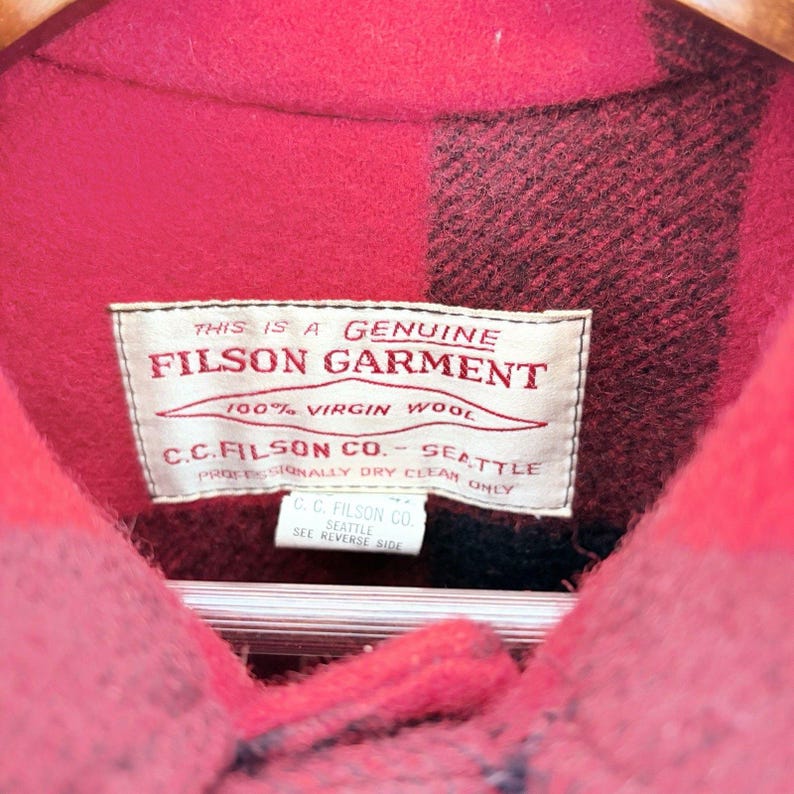 Vintage Filson 1970s Mackinaw Red Buffalo Plaid Wool Jacket Size 42 Mens USA image 3