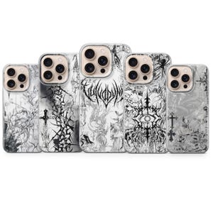 May include: A collection of five phone cases with a black and white gothic design. Each case features a unique pattern, including crosses, abstract art, and intricate line work. The cases are designed to fit a modern smartphone.