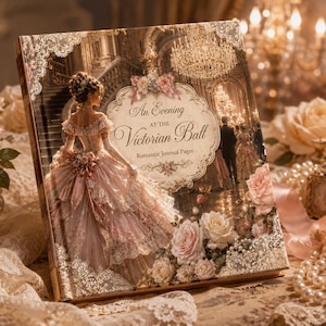 May include: A square book titled An Evening at the Victorian Ball Romantic Journal Pages, featuring an illustration of a person in a detailed pink gown standing in a ballroom, surrounded by cream-colored roses and ornate gold lace patterns.