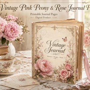 Pode incluir: Um produto digital com páginas de diário imprimíveis em estilo vintage. A capa exibe o texto Vintage Journal, Memories, Thoughts, Dreams, adornado com ilustrações de peônias e rosas cor-de-rosa, uma borboleta e bordas ornamentadas.