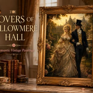 Puede incluir: Un cuadro enmarcado titulado The Lovers of Willowmere Hall que muestra a una pareja con ropa de época caminando por un jardín. El marco dorado ornamentado rodea la obra, que representa a una persona con vestido y otra con traje y chistera.