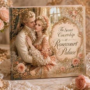 May include: A hardcover book titled The Secret Courtship at Rosecourt Palace featuring an illustration of a couple in historical attire embracing, surrounded by ornate gold filigree frames, soft pink roses, and intricate lace-like decorative accents.