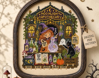 May include: A cross-stitch pattern titled Moonlight Apothecary featuring a witch with orange hair and a purple hat, a black cat, a ghost, potion bottles, a cauldron, and an open book of recipes, all framed in a dark wood arched frame.