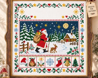 May include: A framed cross-stitch embroidery featuring Santa Claus carrying a sack in a snowy forest with a cabin, a reindeer, and a moonlit sky. The border includes holly, stars, and hearts, with a bottom row of icons: a hat, bag, candle, snowflake, stocking, bell, and tree.
