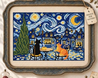 May include: A cross-stitch embroidery depicting a starry night scene with a tall green cypress tree, blue buildings, and a yellow crescent moon. Two cats, one black and one orange, sit at a table. A tag reads DIGITAL PDF PATTERN.