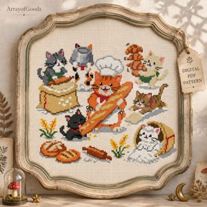 May include: A cross-stitch pattern featuring multiple cats in a bakery setting. An orange cat wears a chef hat and holds a baguette. Other cats are depicted with flour, croissants, and bread. The text reads DIGITAL PDF PATTERN on a hanging tag.