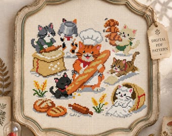 May include: A cross-stitch pattern featuring multiple cats in a bakery setting. An orange cat wears a chef hat and holds a baguette. Other cats are depicted with flour, croissants, and bread. The text reads DIGITAL PDF PATTERN on a hanging tag.