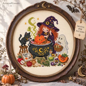 May include: A cross-stitch pattern featuring a witch with red hair and a purple hat stirring a black cauldron with a pumpkin inside. A black cat, a ghost, a recipe book labeled Pumpkin Soup, and various vegetables are depicted in the design.