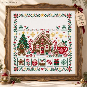 May include: A cross-stitch pattern in a wooden frame featuring a gingerbread house, a Christmas tree, a gingerbread person, and a mug of cocoa. The design includes a decorative border, snowflakes, hearts, and a row of holiday icons. A tag reads DIGITAL PDF PATTERN.