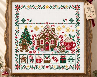 May include: A cross-stitch pattern in a wooden frame featuring a gingerbread house, a Christmas tree, a gingerbread person, and a mug of cocoa. The design includes a decorative border, snowflakes, hearts, and a row of holiday icons. A tag reads DIGITAL PDF PATTERN.
