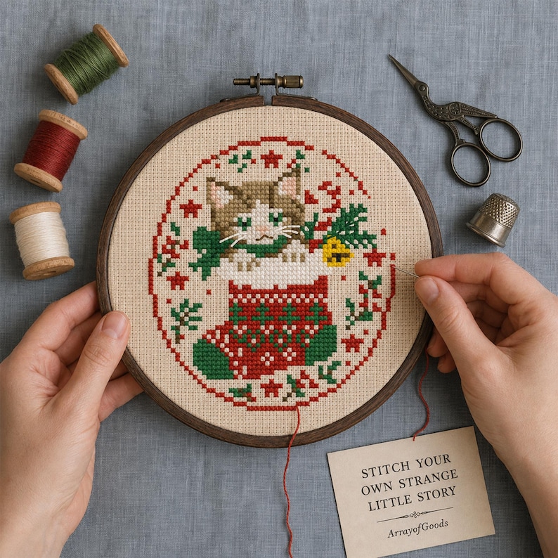 May include: A cross-stitch project in a wooden hoop featuring a brown and white cat inside a red and green patterned Christmas stocking, surrounded by holly and stars. Includes spools of thread, metal scissors, a thimble, and a card with text.