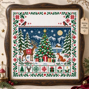 May include: A square cross-stitch embroidery featuring a winter scene with a decorated Christmas tree, a reindeer, a fox, and gifts. The border includes holly, snowflakes, and small icons. A tag reads Digital PDF Pattern.