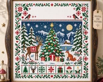 May include: A square cross-stitch embroidery featuring a winter scene with a decorated Christmas tree, a reindeer, a fox, and gifts. The border includes holly, snowflakes, and small icons. A tag reads Digital PDF Pattern.