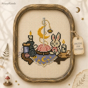 Patrón de punto de cruz de altar de conejo adorable y espeluznante en PDF, mesa de rarezas místicas, descarga digital de punto de cruz contado de conejo gótico