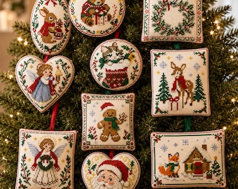 May include: A collection of ten cross-stitch Christmas ornaments featuring various holiday motifs including a teddy bear, a cat in a stocking, a gingerbread person, a deer, a fox, a house, angels, and a Santa Claus, all hanging on a tree.