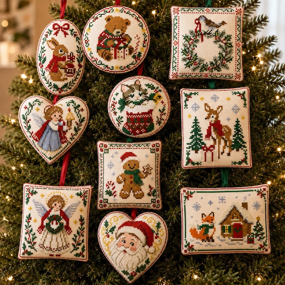 Christmas Cross Stitch Pattern Bundle PDF, 10 Holiday Ornament Designs, Vintage Santa Angel Animal Christmas Embroidery Patterns