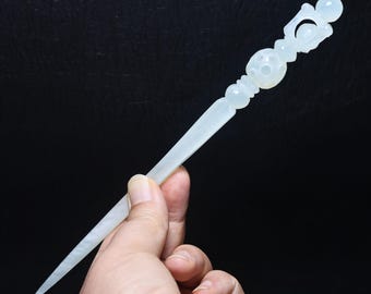 Natural Xiuyu Hollow Jade Hairpin, Hand Carved Antique Style Hair Accessory AH64