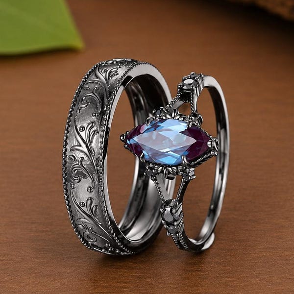 His and Hers Alexandrite Ring Set | Vintage Gothic Bridal Set | Black Gold Matching Wedding Bands | Marquise Promise Ring Gift