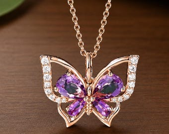 Colgante de mariposa morada / Collar estilo cottagecore / Regalo de joyería de amatista / Collar con estética fairycore / Collar delicado de oro