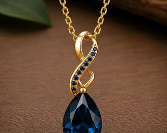 Collar con colgante de zafiro azul / Collar infinito dorado / Colgante de zafiro en forma de pera / Joyería con la piedra natal de septiembre / Regalo para ella