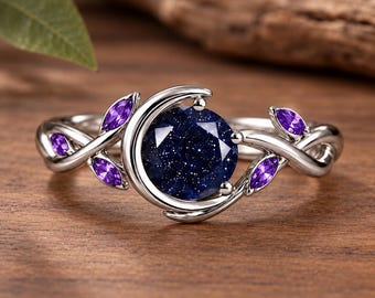 Conjunto de anillos de luna de bruja / Anillo de novia con piedra galáctica / Anillo de promesa de luna creciente / Regalo de joyería estilo Dark Academia