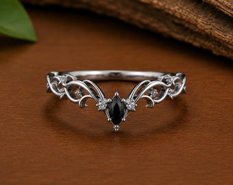 Anillo de ónix negro talla marquesa / Alianza de boda gótica curva / Anillo celta con diseño de vid / Anillo de promesa de plata de ley 925 para mujer
