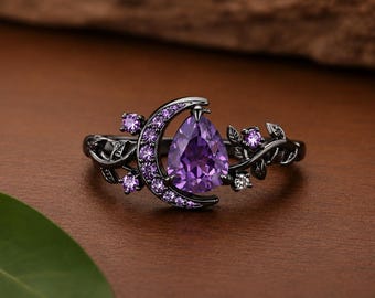 Anillo gótico de amatista / Anillo de compromiso con diseño de hoja de vid / Joyería de fantasía oscura / Anillo de piedra púrpura / Anillo inspirado en la naturaleza / Regalo de aniversario