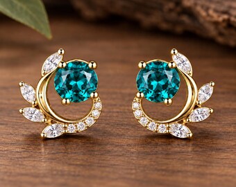 Pendientes de esmeralda / Pendientes de botón florales dorados / Pendientes llamativos azul verdoso / Joyería botánica / Regalo elegante para ella