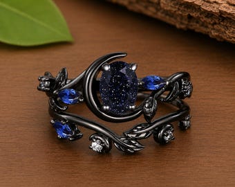 Anillo de arenisca azul celeste / Conjunto de anillos de boda de luna creciente / Anillo de compromiso gótico inspirado en la naturaleza / Joyería nupcial de fantasía / Regalo de aniversario